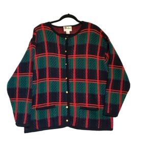 Vintage Crystal Kobe Sweater Plus 1X Green Tartan Plaid Gold Buttons Acrylic 80s
